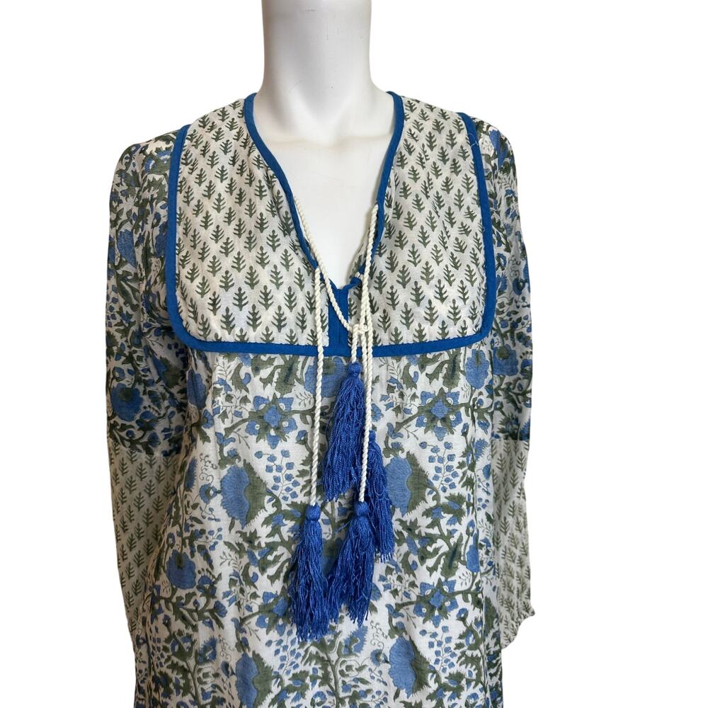 SZ Blockprints Boho Floral Tunic Silk Cotton Tassel Tie Blue Green Block Print S - Picture 3 of 12